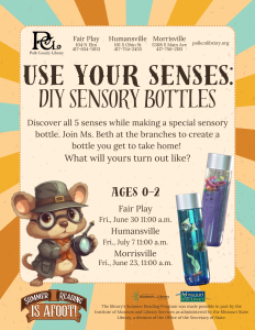 Use Your Senses: DIY Sensory Bottles @ Fair Play Library, Humansville Library, Morrisville Library
